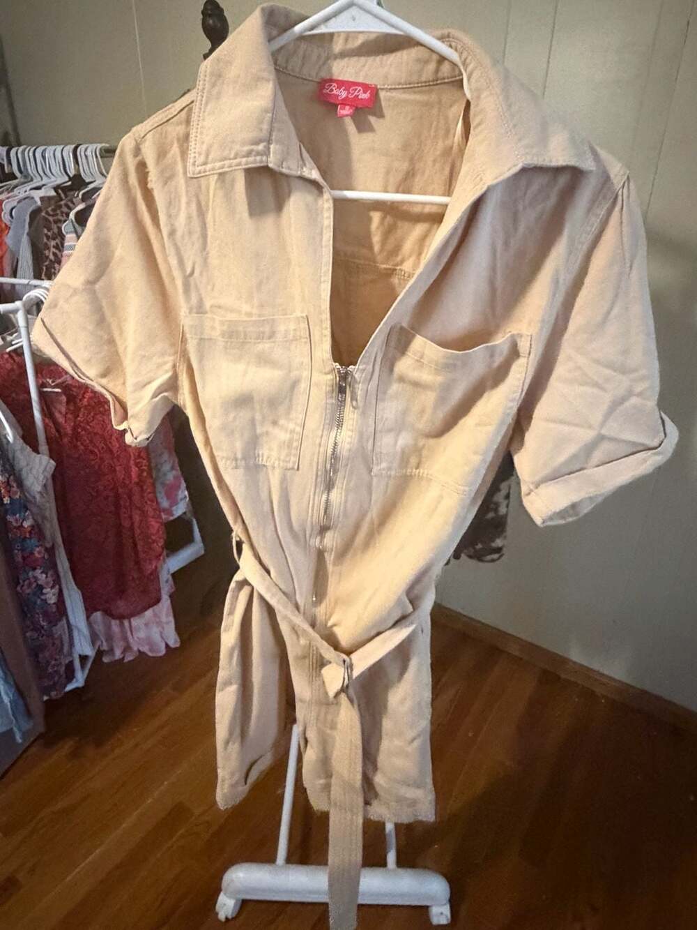 Baby Pink Beige Utility Style Short Sleeve Zipper Front Romper